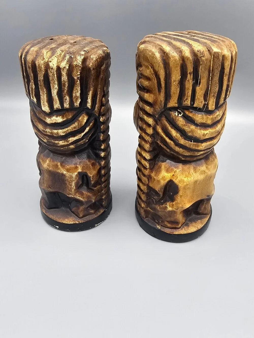 Vintage Carved Wooden Tiki Salt and Pepper Shakers Set